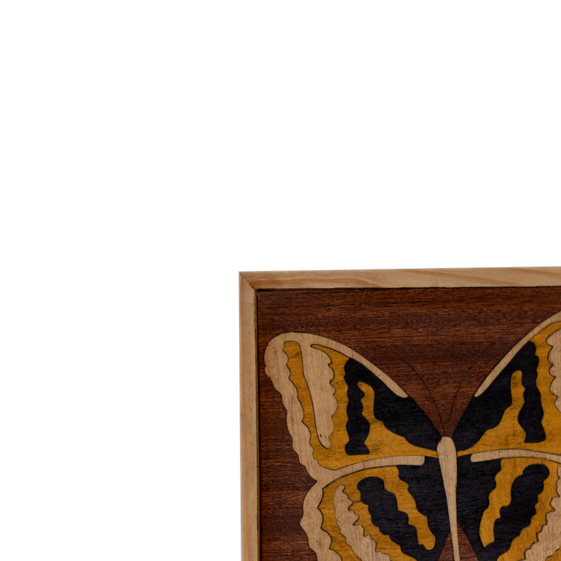 Composition of 5 Inlaid Squares with Butterfly - (Mahogany / Fir / Iroko)